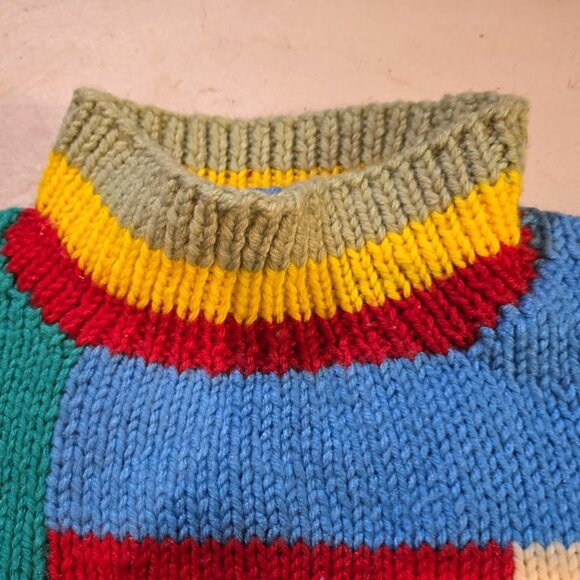 VNTG Retro Hand-Made Crochet Knitted Color Block High Neck Unisex Heavy Sweater - Picture 3 of 3